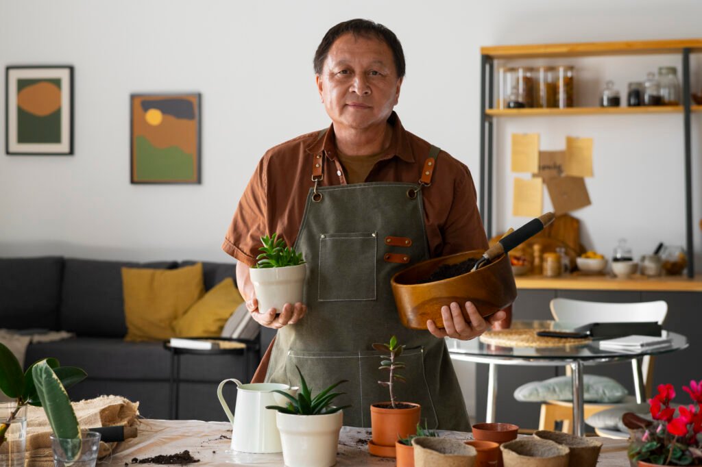 portrait senior man repotting plants home