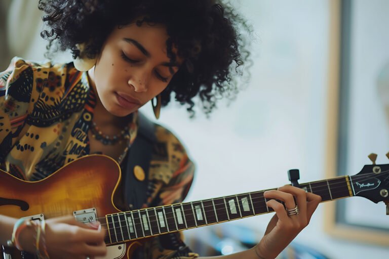 Home view woman playing electric guitar instrument