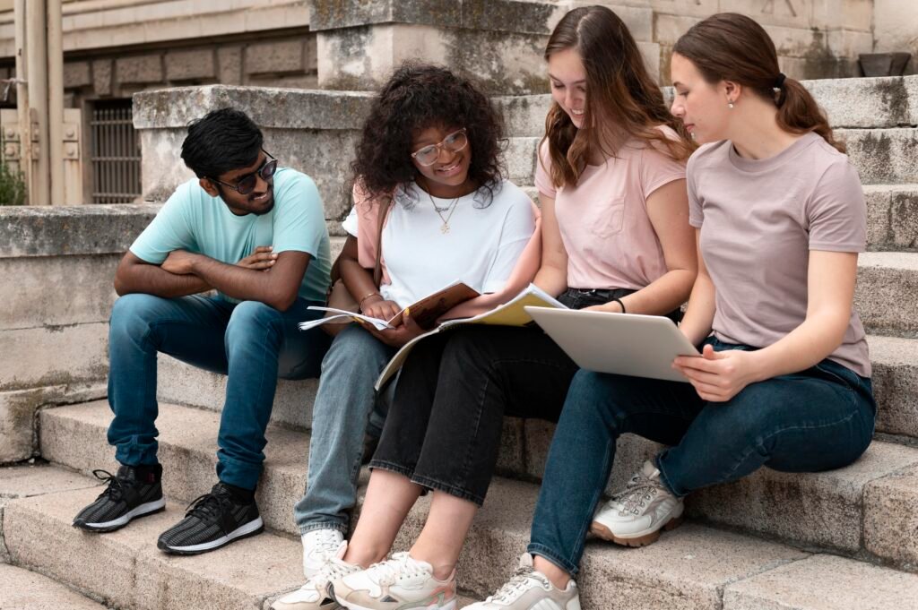 young colleagues studying together college exam