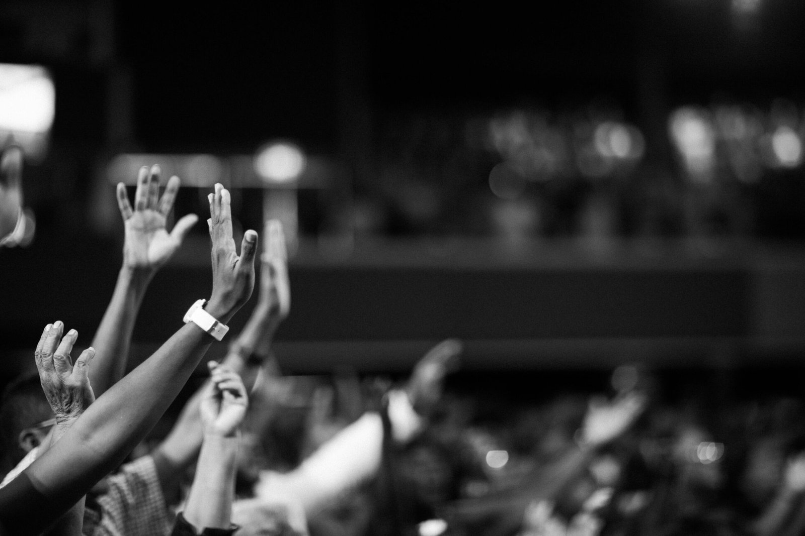 Home Black and white image of audience with hands raised, capturing concert energy.